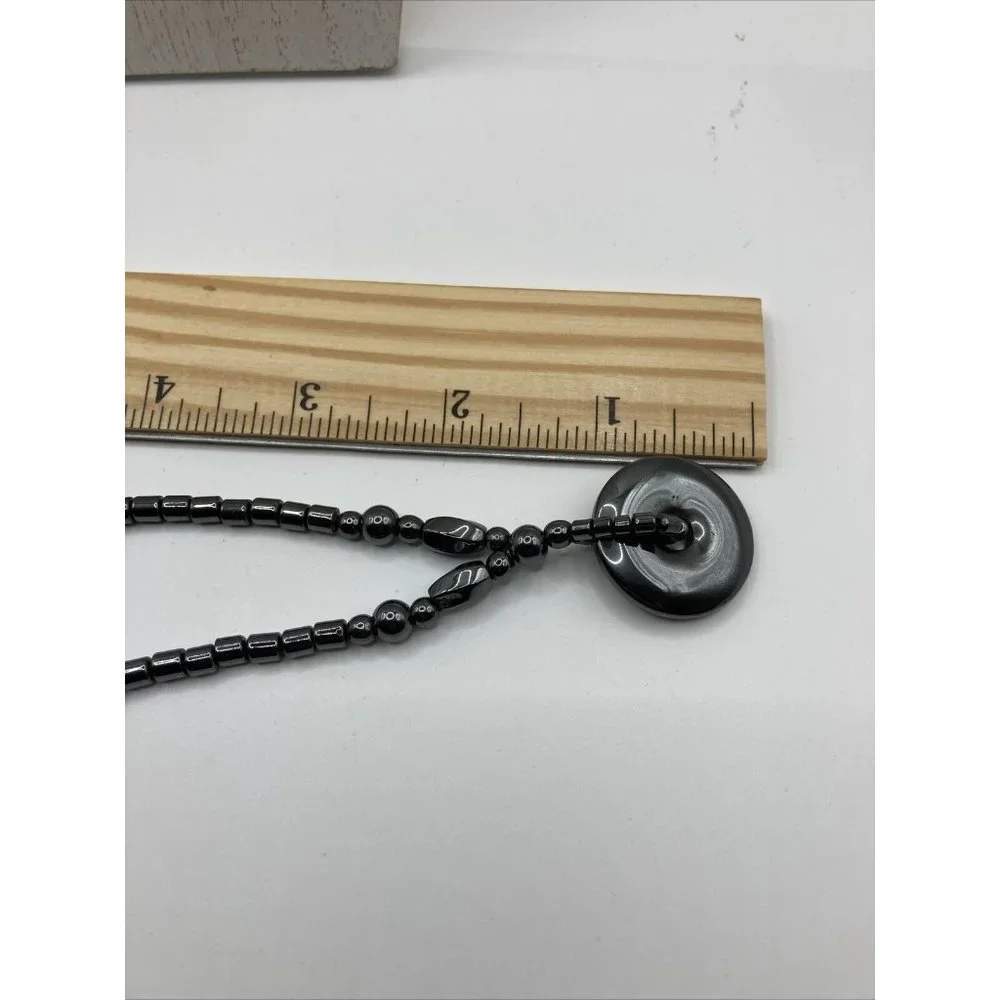 Hematite   Disc‎ Pendant  Necklace 18” Beads Barrel Clasp Black